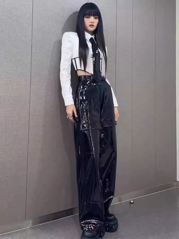 韩女团同款爵士舞舞蹈嘻哈JAZZ表演出服打歌服新款皮裤套装