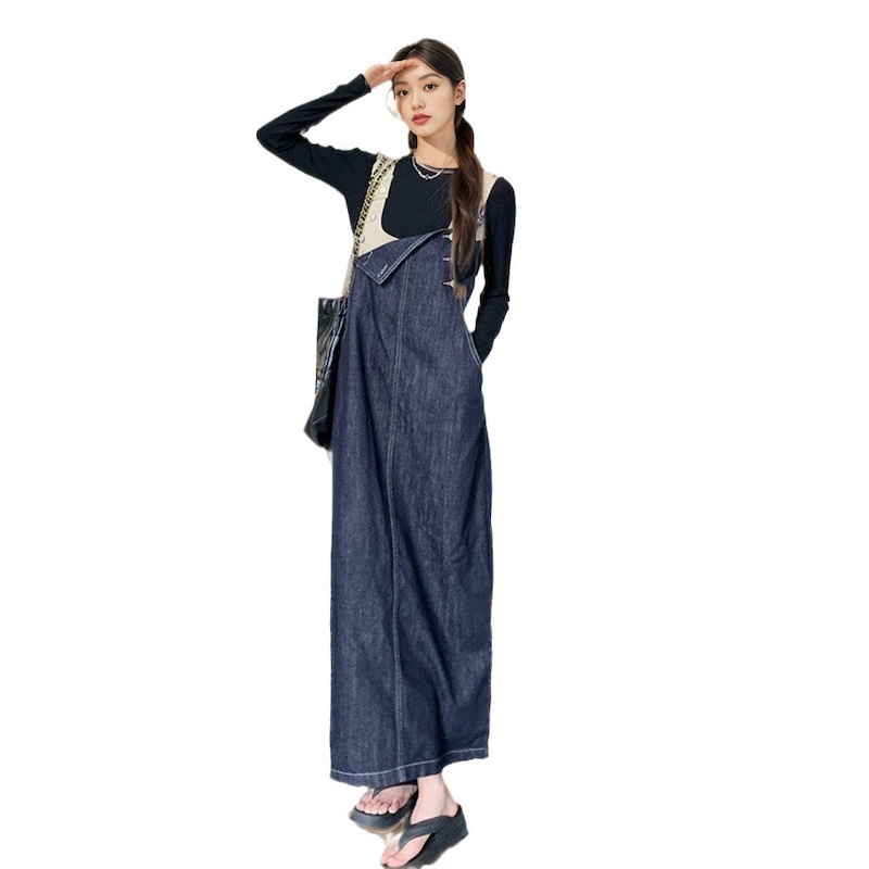 美式休闲背带牛仔裙女春秋四季宽松显瘦深蓝色背带连衣裙